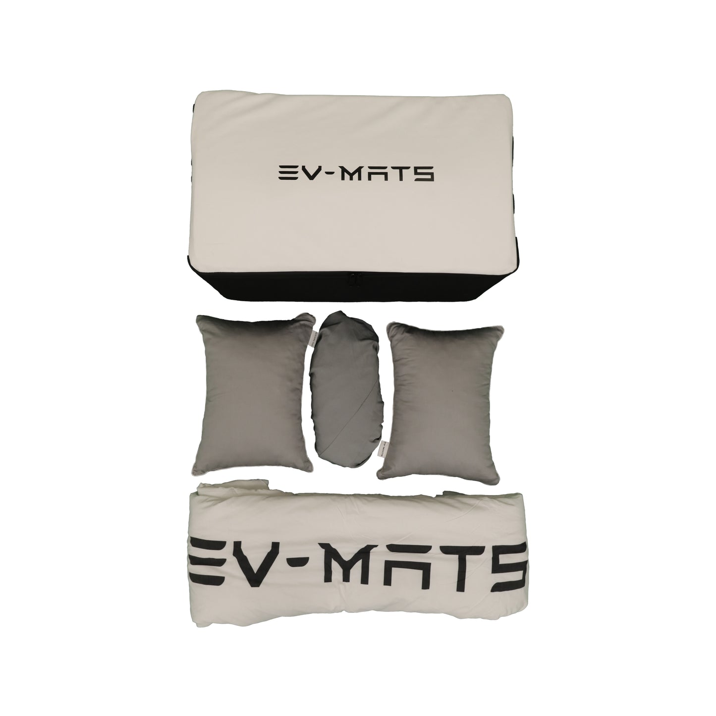 EV-MATS Basic CAMP SET für Tesla Model Y enthält die Tesla-Matratze, die wasserdichte Tasche, die in den hinteren Kofferraum des Tesla Model Y passt, ein Bettlaken, eine Bettdecke, 2 Kissen und einen Kissenbezug