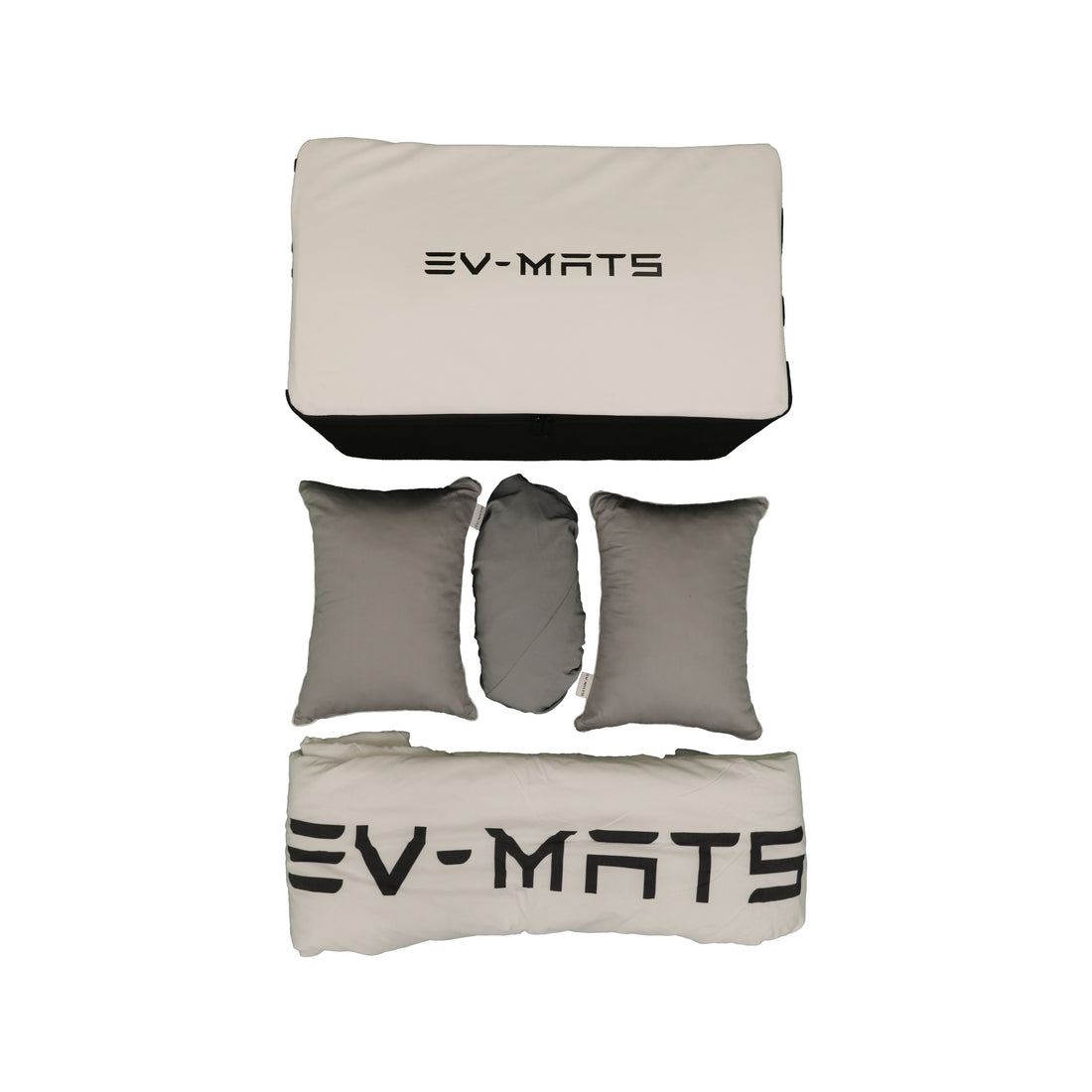 The EV-MATS Basic Camp Set laid out on a white background: the folded mattress in its white EV-MATS cover at the top, three grey pillows in the middle and the white EV-MATS duvet rolled up at the bottom.