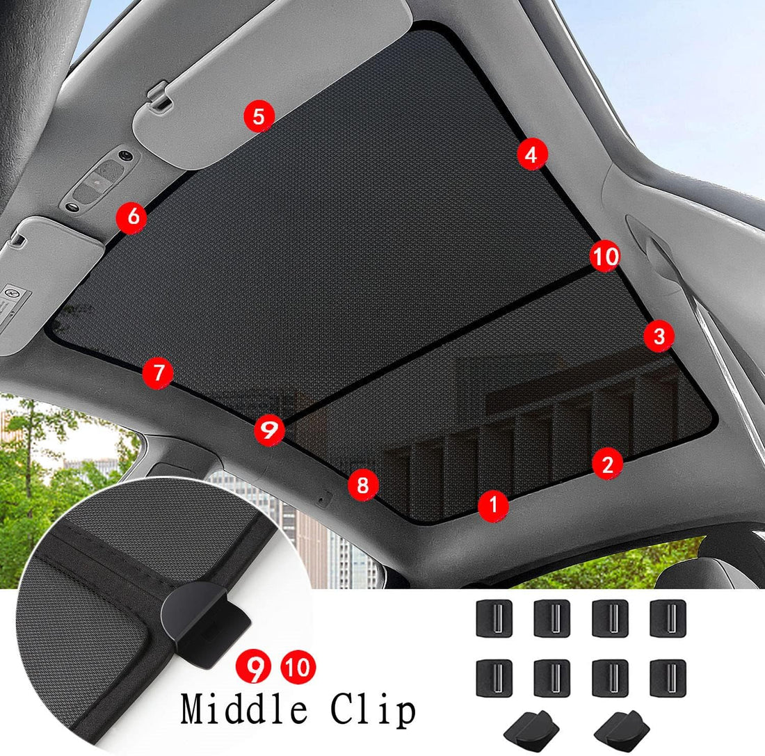 Fitting the EV-MATS privacy sun shade set inside a Tesla: black shade panels clipped over the glass roof seen from inside the cabin, red numbers 1 to 10 marking the fitting order, a close-up of the middle clip and the black clips supplied with the set.