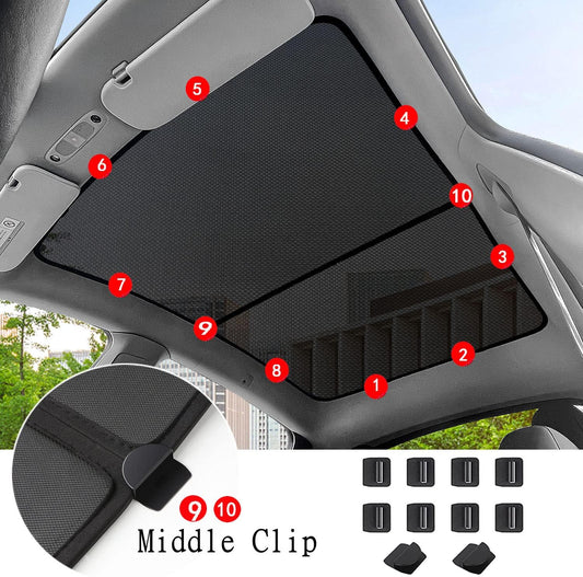 Fitting the EV-MATS privacy sun shade set inside a Tesla: black shade panels clipped over the glass roof seen from inside the cabin, red numbers 1 to 10 marking the fitting order, a close-up of the middle clip and the black clips supplied with the set.
