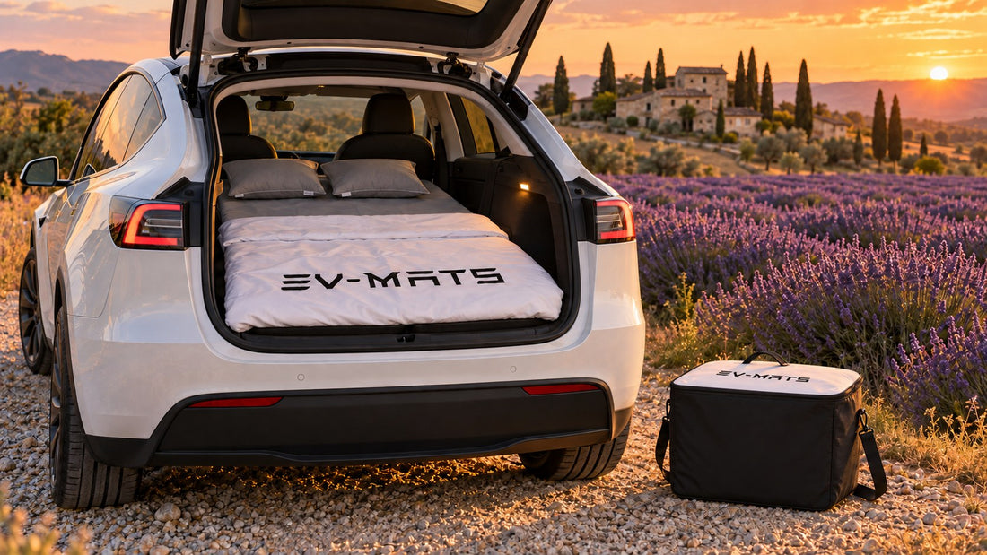 White Tesla Model Y by a Provence lavender field at sunset, tailgate open with an EV-MATS bed inside: grey sheet, two grey pillows, white duvet with black EV-MATS logo. The EV-MATS carrying case with white logo lid on the gravel.