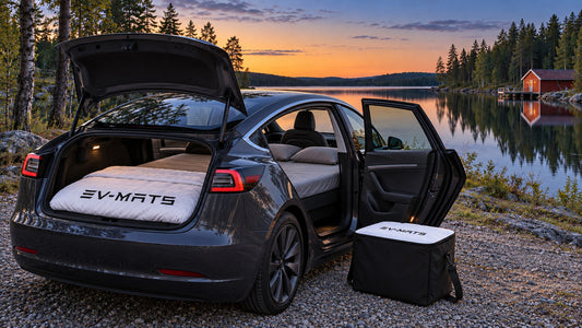 Dark grey Tesla Model 3 by a Swedish forest lake on a summer night, boot and rear door open showing an EV-MATS bed with grey pillows and white EV-MATS duvet. The EV-MATS carrying case stands by the door, red boathouse behind.
