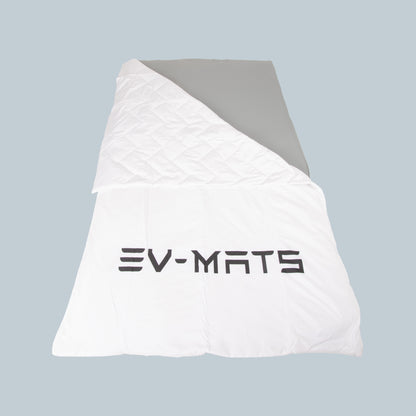 EV-MATS Deluxe CAMP SET for Tesla Model Y with Tesla mattress with waterproof bag for the rear trunk, satin sheet, duvet, 2 pillows with covers, 11 shades and 2 waterproof bags for Model Y front trunk
