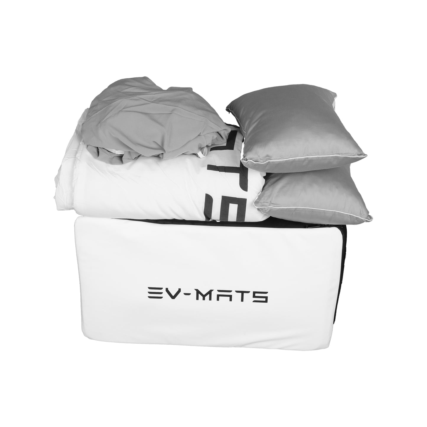 EV-MATS Basic CAMP SET for Tesla Model 3 + Highland includes the Tesla mattress, the waterproof bag that fits in the back trunk of the Tesla Model 3, a sheet, a duvet, 2 pillows and a pillowcase