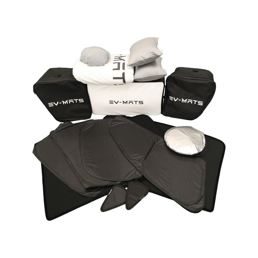 EV-MATS Deluxe CAMP SET 适用于特斯拉Model Y，配备特斯拉床垫，带防水后备箱的防水袋，缎面床单，被子，2个带套的枕头，11个色调和Model Y前备箱的2个防水袋