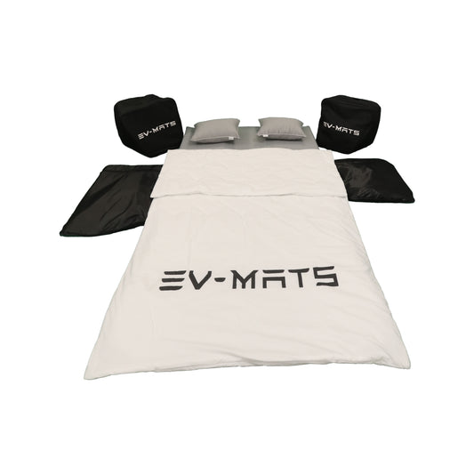 EV-MATS Deluxe CAMP SET for Tesla Model 3 + Highland with Tesla mattress with waterproof bag for the rear trunk, satin sheet, duvet, 2 pillows with covers, 11 shades and 2 waterproof bags for Model 3 front trunk