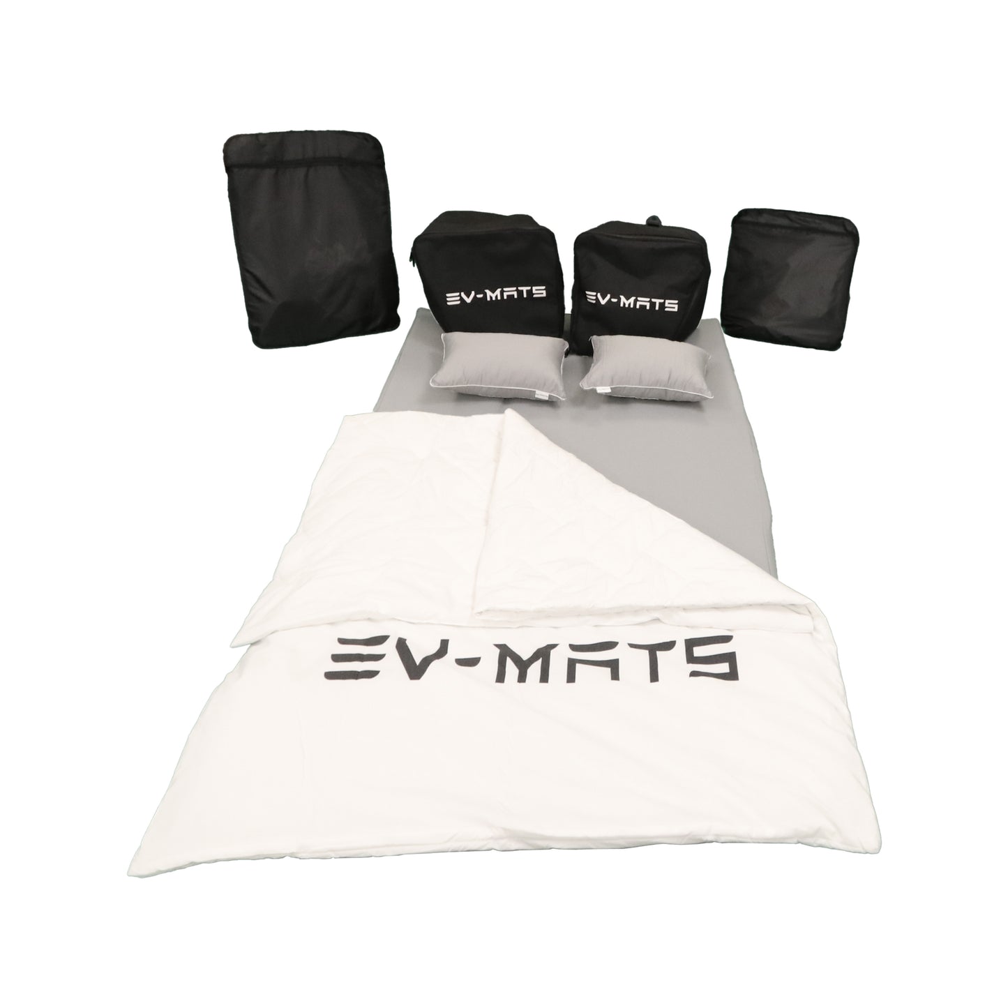 EV-MATS Deluxe CAMP SET til Tesla Model 3 med Tesla-madras med vandtæt taske til bagagerummet, satinlagen, dyne, 2 puder med betræk, 11 nuancer og 2 vandtætte tasker til Model 3 front bagagerum